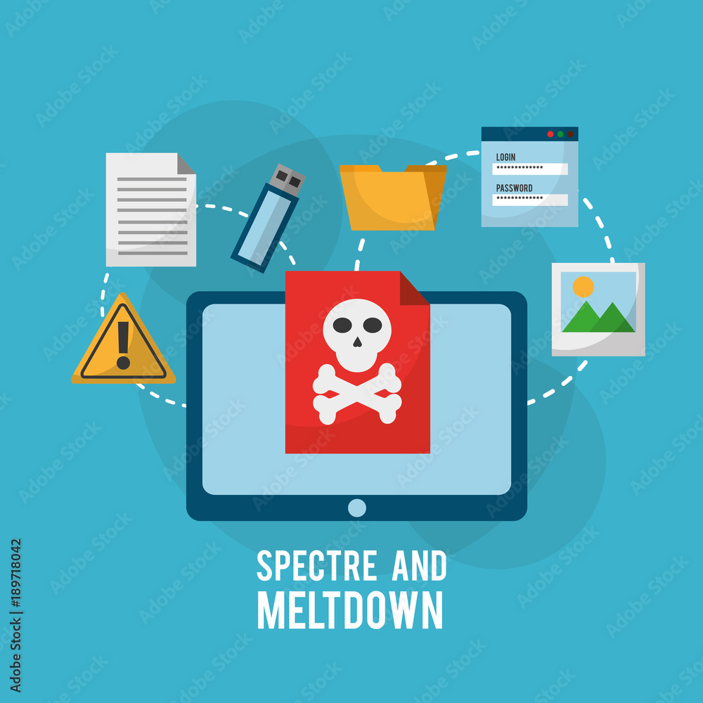 Poster spectre and meltdown tablet computer danger vulnerability infection files information vector illustr