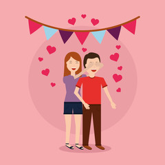 cute woman giving surprise man love romantic heart garland vector illustration