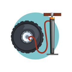 Wheel repair icon, car wheel and air pump cartoon vector Illustration