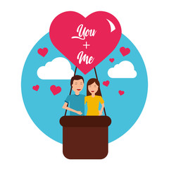 cute cartoon couple with heart hot air balloon