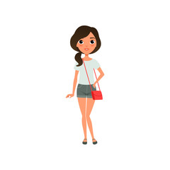 Cute girl dressed in stylish casual clothing blue blouse, gray shorts and red little bag on shoulder. Teenager posing with smiling face. Cartoon flat vector design