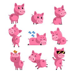 Set of cute little pig in different actions. Sleeping, dancing, walking, sitting, jumping. Cartoon character of pink domestic animal. Isolated flat vector design