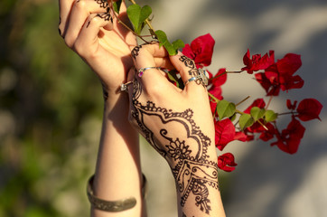 Woman Hands with brown mehndi tattoo and red flowers in India