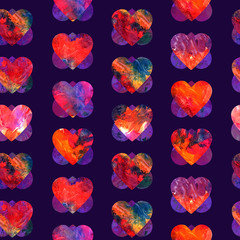 Couple hearts one on another transformed in flower with abstract grunge colorful splashes texture watercolor seamless pattern design on dark blue background