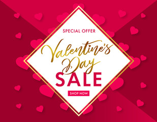 Valentines Day golden lettering and pink hearts Sale banner. Valentines Day sale banner template with typography text special offer valentine`s day and hearts on pink background. Vector illustration