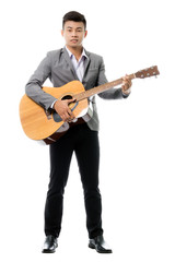 Portrait of a young asian businessman with guitar. Isolated on white background