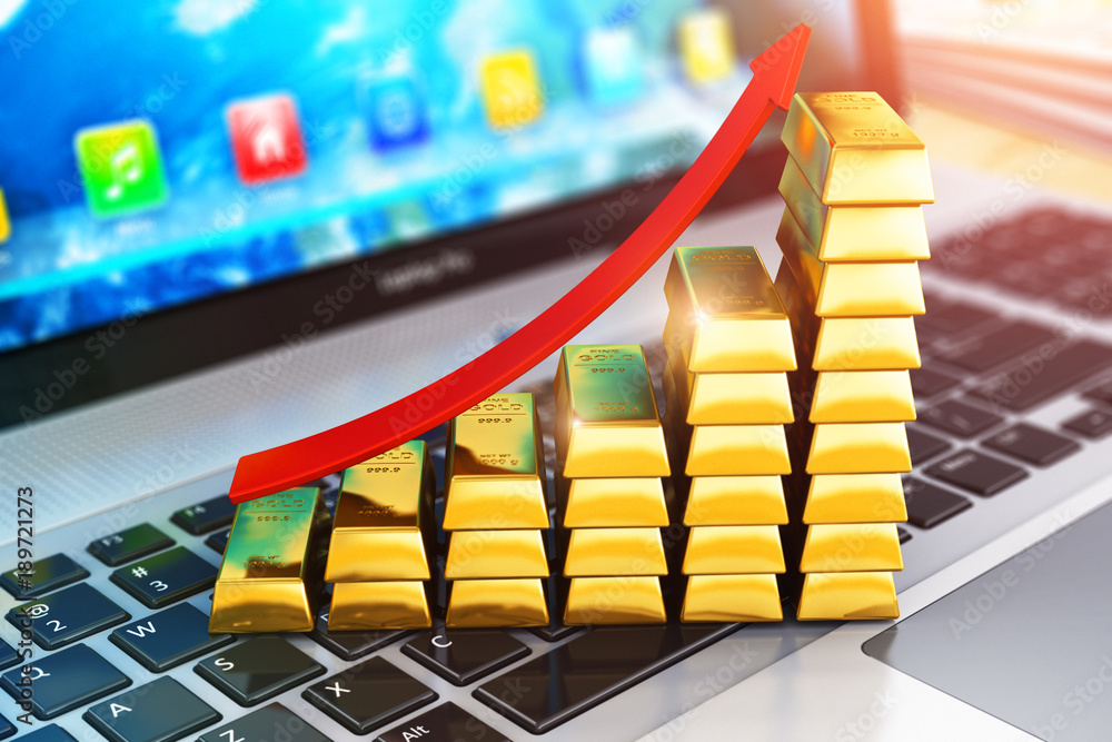 Aufkleber bar graph from gold ingots on laptop or notebook