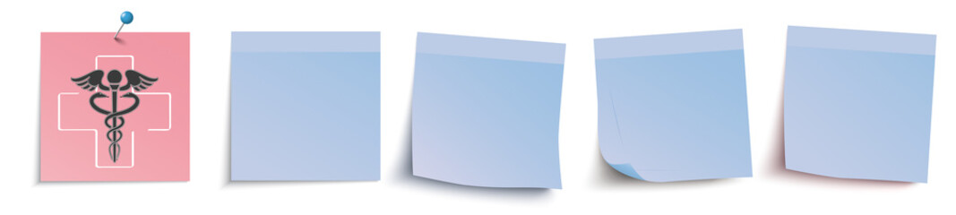 4 blaue Klebezettel Header für Arztpraxis mit Äskulapstab und Kreuz