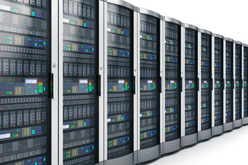 Row of network servers in data center