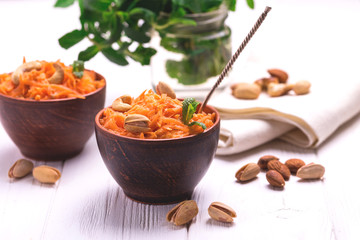 Indian carrot Gajar halwa. Copyspace, horizontal view.