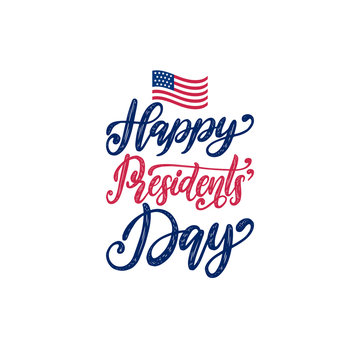 Happy Presidents Day Sale handwritten phrase in vector. National american holiday illustration with USA flag.