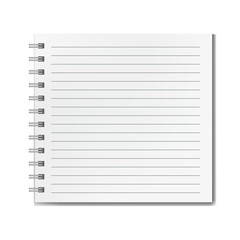 Blank realistic vector square lined notebook with shadow mockup. Notepad with blank opened ruled page on metallic spiral, textbook or organizer mockup for educational or business design