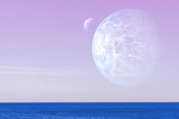 Landscape of an alien planet - a huge blue planet against the background of the pink sky and calm...