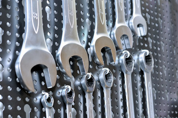Set of manual wrenches spanners of various sizes.