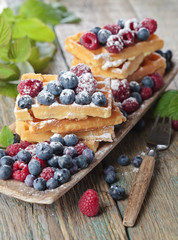 Waffles with raspberry and blueberry