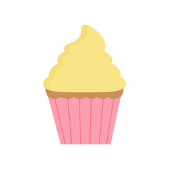 Cute sweet cupcake decorated with vanilla cream icing. Cupcake vector graphic illustration, isolated on white background.