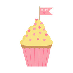 Cute Valentine's Day cupcake with vanilla cream and heart sprinkles. Lovely cupcake vector graphic illustration with little flag with writing Be Mine.