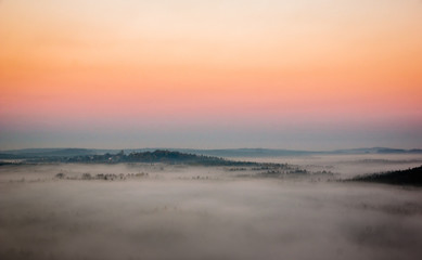 Foggy morning on the Jura Krakowsko-Czestochowska, Bobolice, Poland