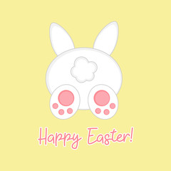 Happy Easter greeting card with cute easter bunny from back view and writing, isolated on yellow background. White easter bunny vector graphic illustration.
