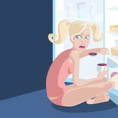 Vector illustration of a blond female caught eating from refrigerator late at night. 