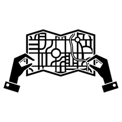 hands with paper map guide icon