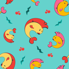 Seamless pattern with cartoonish mohawk fishes.
