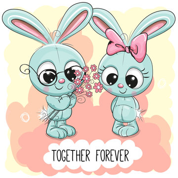 Cute Cartoon Rabbits boy and girl