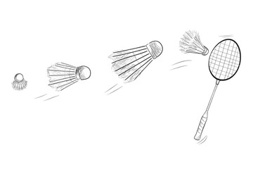 Simple Black Sketch of Badminton Racket and Fast Moving Shuttlecock