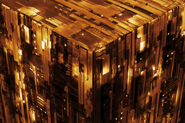 3d rendered complex structured surface.  Displacement semi transparent surface with glow elements below it.