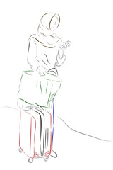 Simple Colorful Sketch of Hijab (Islam Woman) Traveller