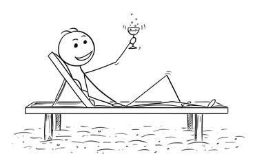 Cartoon stick man drawing conceptual illustration of successful man or traveler relaxing on the beach bed with glass of drink or wine. Concept of success or relax.