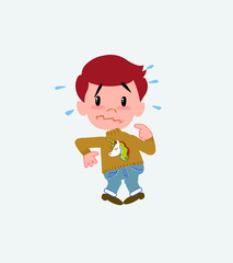 White boy with a unicorn pullover, scared. 