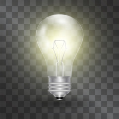 Electric light bulb vector realistic illustration. Warm glowing energy effect. Glass symbol of science, business progress. Shining switched on lamp is a sign of breakout, success or online mark.