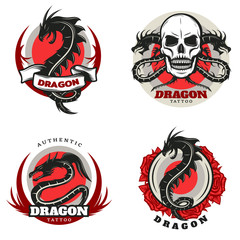 Fototapeta na wymiar Vintage Colored Tattoo Dragon Emblems Set