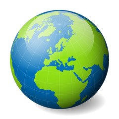 Earth globe with green world map and blue seas and oceans focused on Europe. With thin white meridians and parallels. 3D glossy sphere vector illustration.