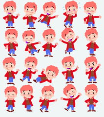 Cartoon character boy in jeans. Set with different postures, attitudes and poses, always in positive attitude, doing different activities in vector vector illustrations.