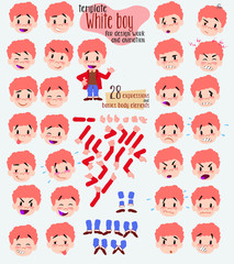 White boy in jeans. Twenty eight expressions and basics body elements, template for design work and animation. Vector illustration to Isolated and funny cartoon character.