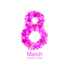 March 8 - Womens Day light design of greeting card template. Symbol of International Women's day with bright red purple pink hearts isolated on white background. Vector illustration.