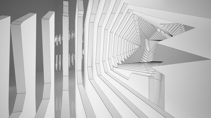 Abstract drawing white interior multilevel public space with window. Polygon black drawing. 3D illustration and rendering.