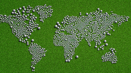 Fototapeta premium World map from soccer balls on grass