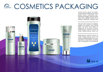 Vector cosmetics template with creme box, creme tube, shower gel, and soap in blue color