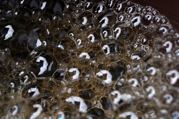 Macro, close up of small bubbles in coffee cup