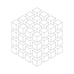 Geometric cube of smaller isometric cubes. Abstract design element. Science or construction concept. Black outline 3D vector object.