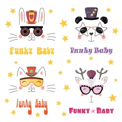 Zelfklevend Fotobehang Set of hand drawn portraits of cute funny cartoon animals in funky hats and glasses, with typography. Isolated objects on white background. Vector illustration. Design concept for children. © Maria Skrigan