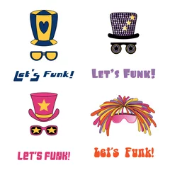 Zelfklevend Fotobehang Set of hand drawn funky hats and glasses, with text Lets funk. Isolated objects on white background. Vector illustration. Design concept for children, music. © Maria Skrigan
