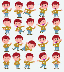 Cartoon character boy with a unicorn pullover. Set with different postures, attitudes and poses, always in positive attitude, doing different activities in vector vector illustrations.