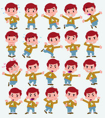 Cartoon character boy with a unicorn pullover. Set with different postures, attitudes and poses, always in negative attitude, doing different activities in vector vector illustrations.