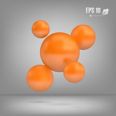 Abstract flying red spheres background. Realistic glossy balls, vector illustration.