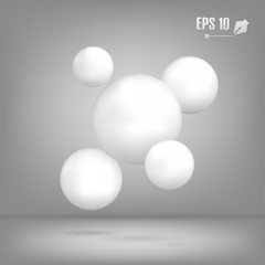 Abstract flying white spheres background. Realistic glossy balls, vector illustration.