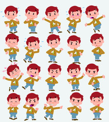 Cartoon character white boy with a unicorn pullover. Set with different postures, attitudes and poses, doing different activities in isolated vector illustrations.